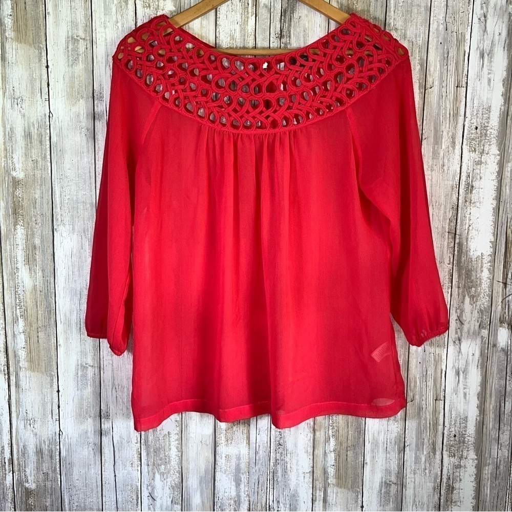 Umgee Coral Open Neck Sheer Blouse